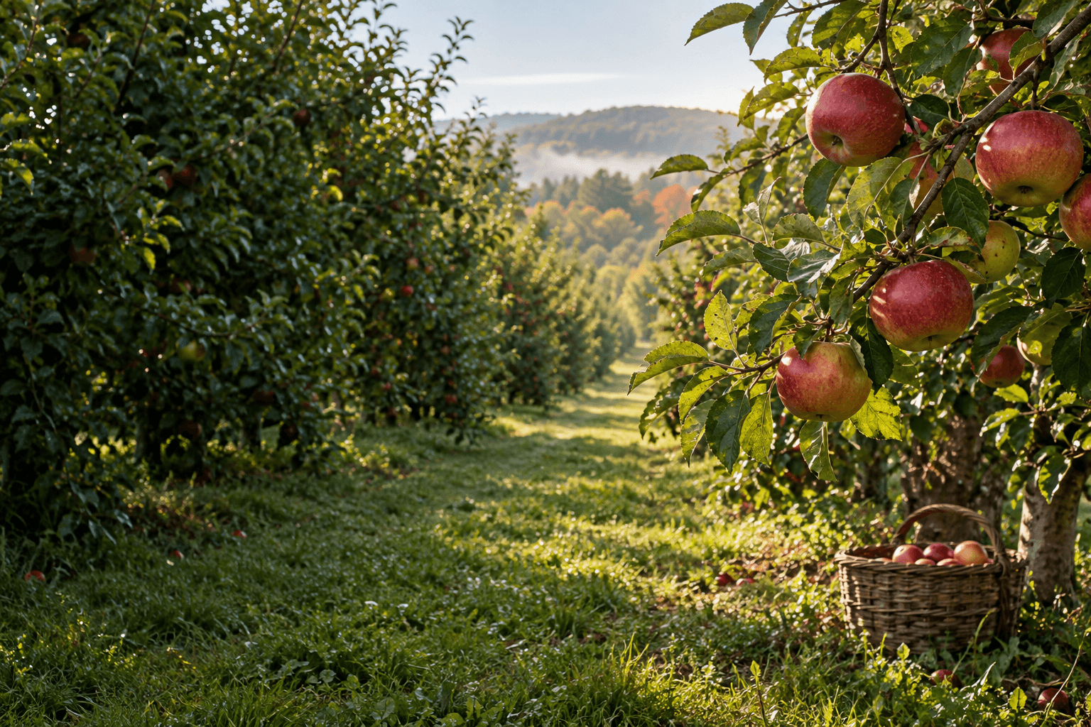 Illustration of red apples growing beside a grassy orchard lane